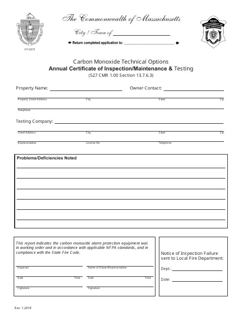 Form FP-007E Carbon Monoxide Technical Options Annual Certificate of Inspection/Maintenance & Testing - Massachusetts