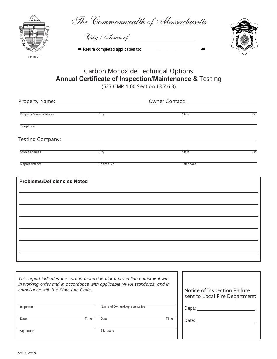 Form FP-007E Carbon Monoxide Technical Options Annual Certificate of Inspection / Maintenance  Testing - Massachusetts, Page 1