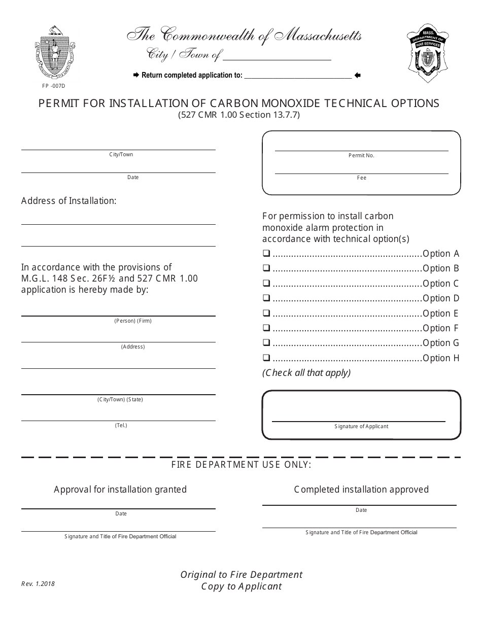 Form FP-007D Permit for Installation of Carbon Monoxide Technical Options - Massachusetts, Page 1