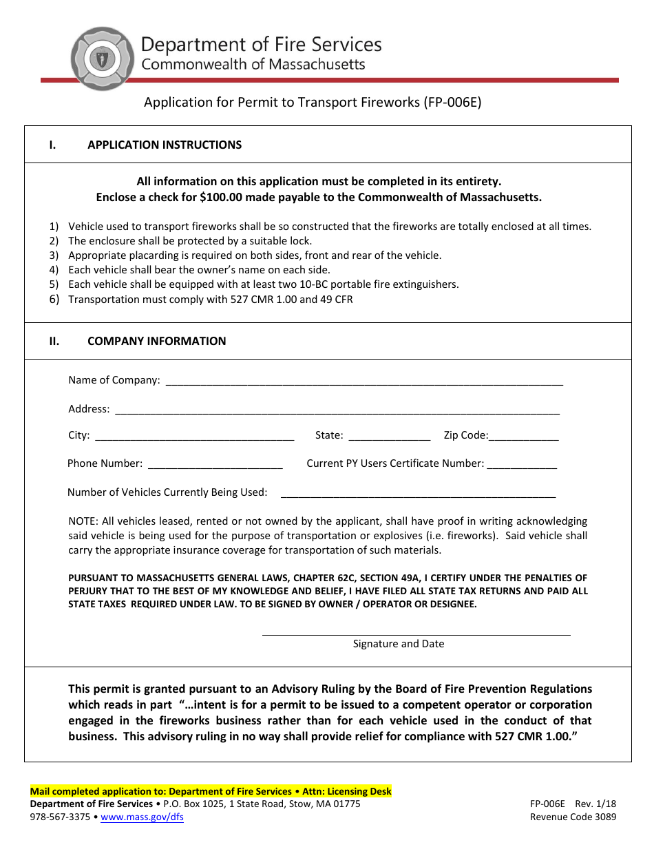 Form FP-006E Application for Permit to Transport Fireworks - Massachusetts, Page 1