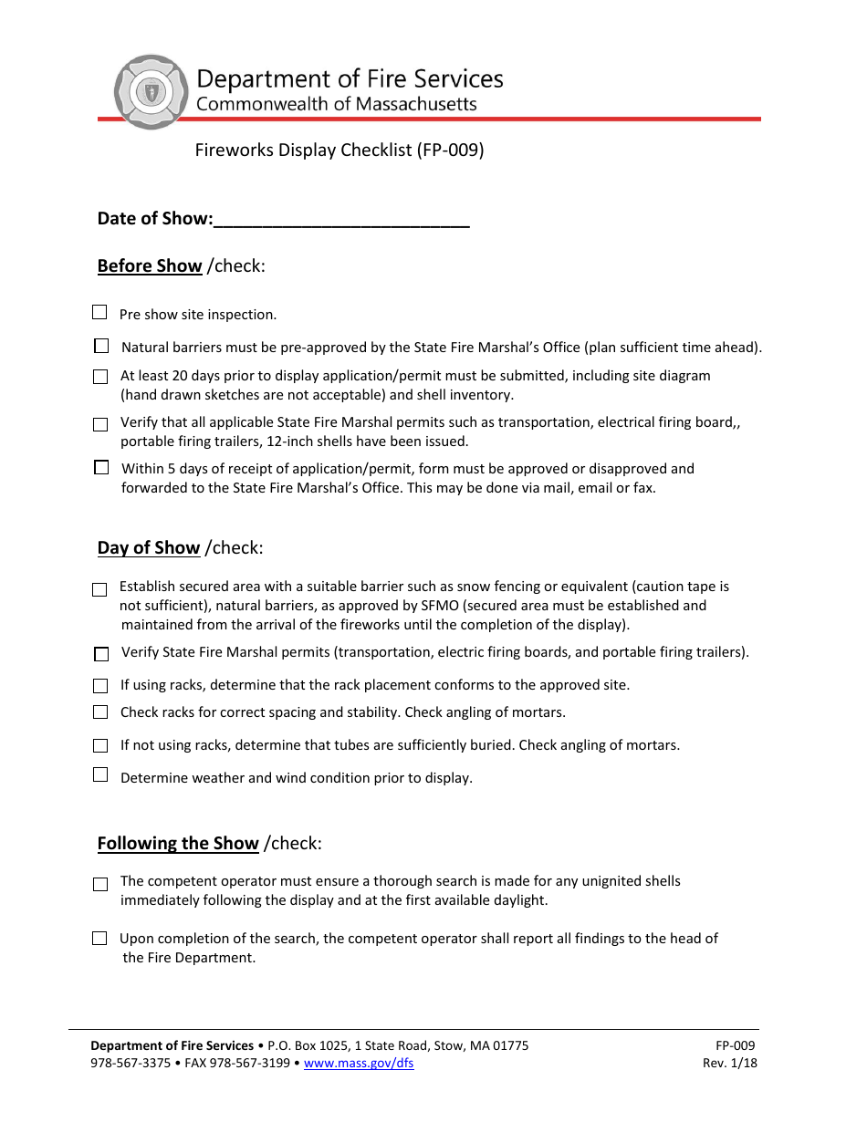 Form FP-009 Fireworks Display Checklist - Massachusetts, Page 1