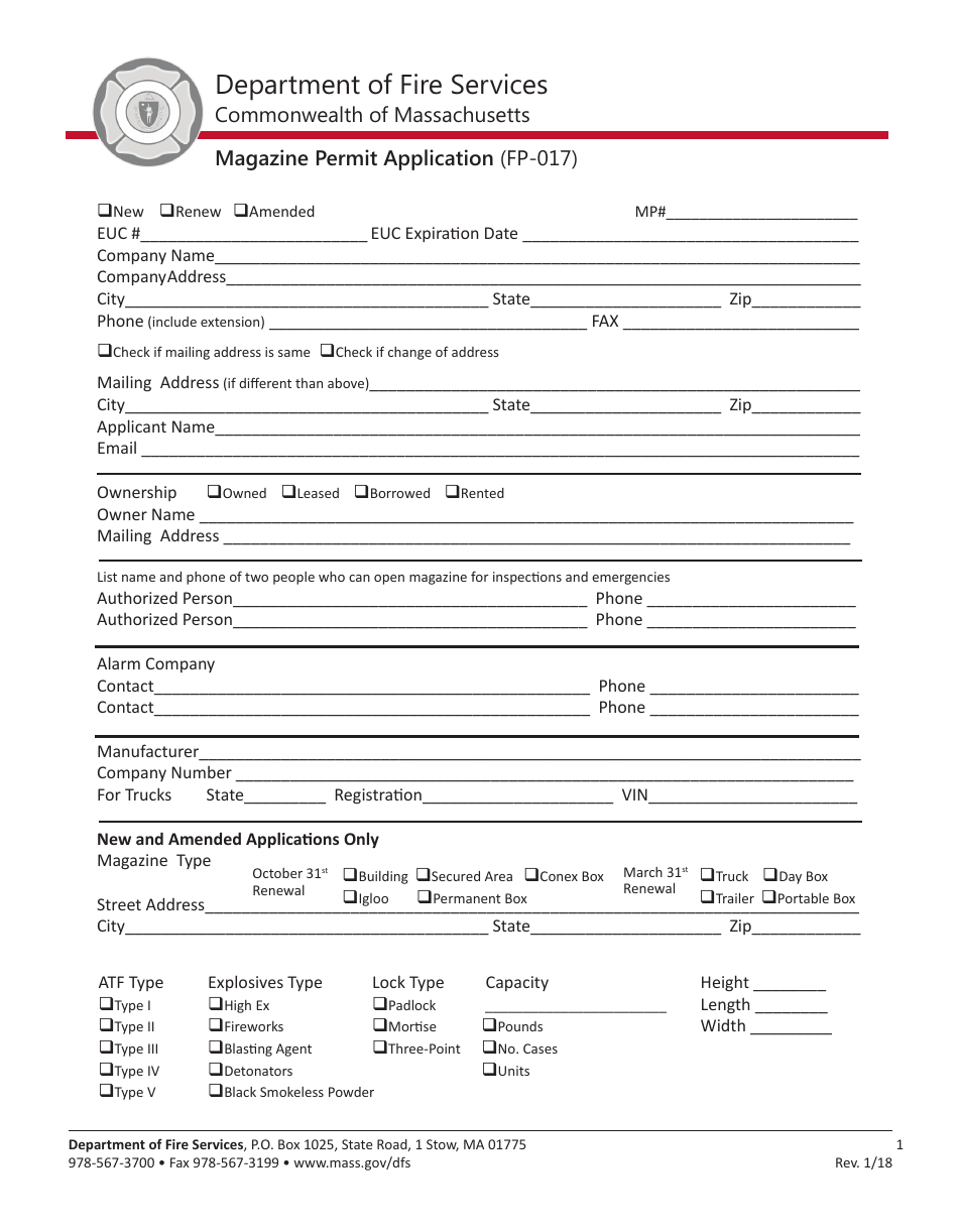 Form FP-017 Magazine Permit Application - Massachusetts, Page 1