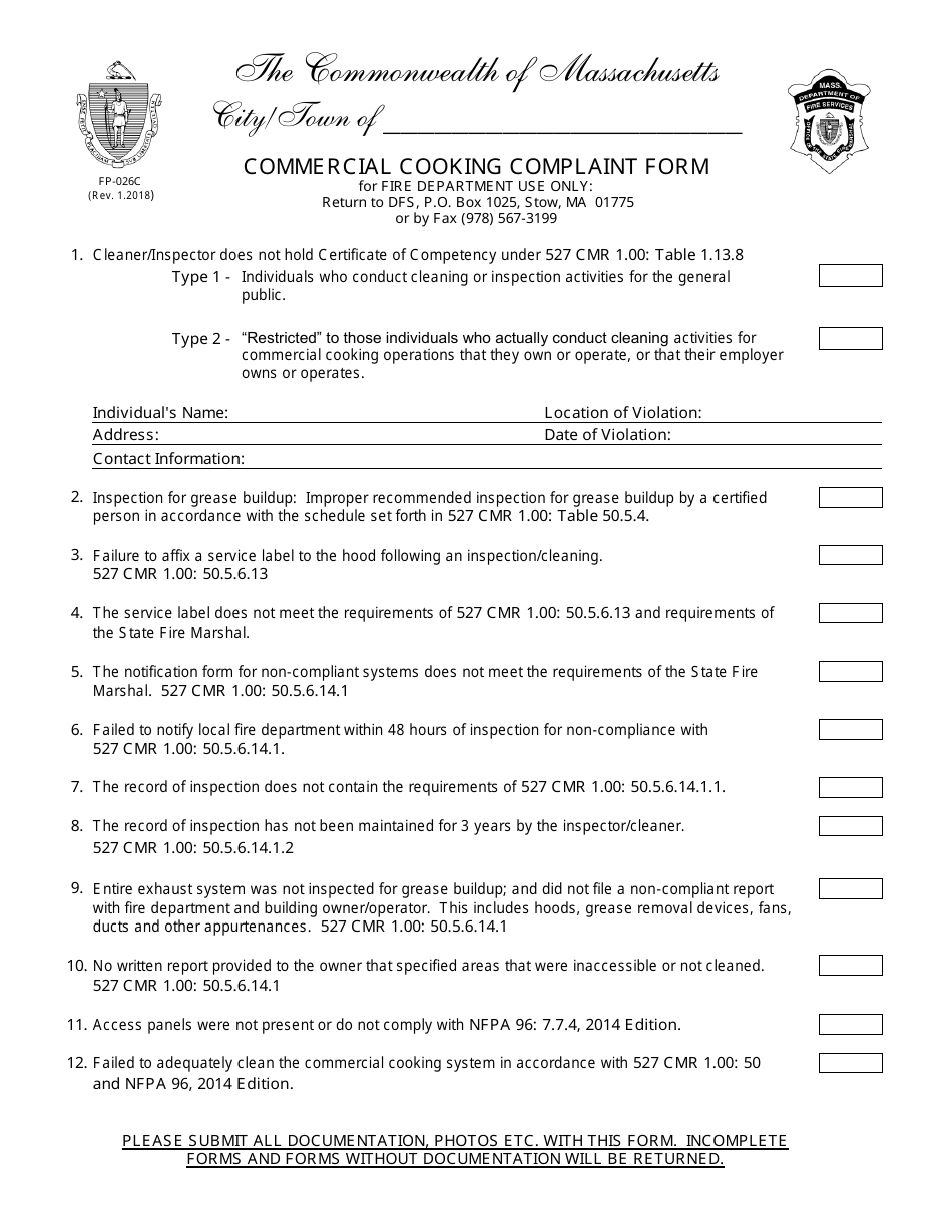 Form FP-026C Commercial Cooking Complaint Form - Massachusetts, Page 1