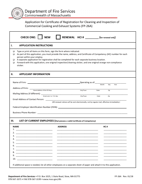 Form FP-026A Application for Certificate of Registration for Cleaning and Inspection of Commercial Cooking and Exhaust Systems - Massachusetts