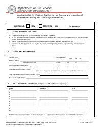 Form FP-026A Application for Certificate of Registration for Cleaning and Inspection of Commercial Cooking and Exhaust Systems - Massachusetts