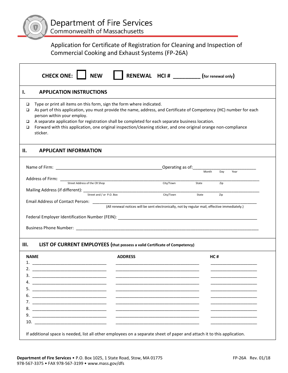 Form FP-026A Application for Certificate of Registration for Cleaning and Inspection of Commercial Cooking and Exhaust Systems - Massachusetts, Page 1