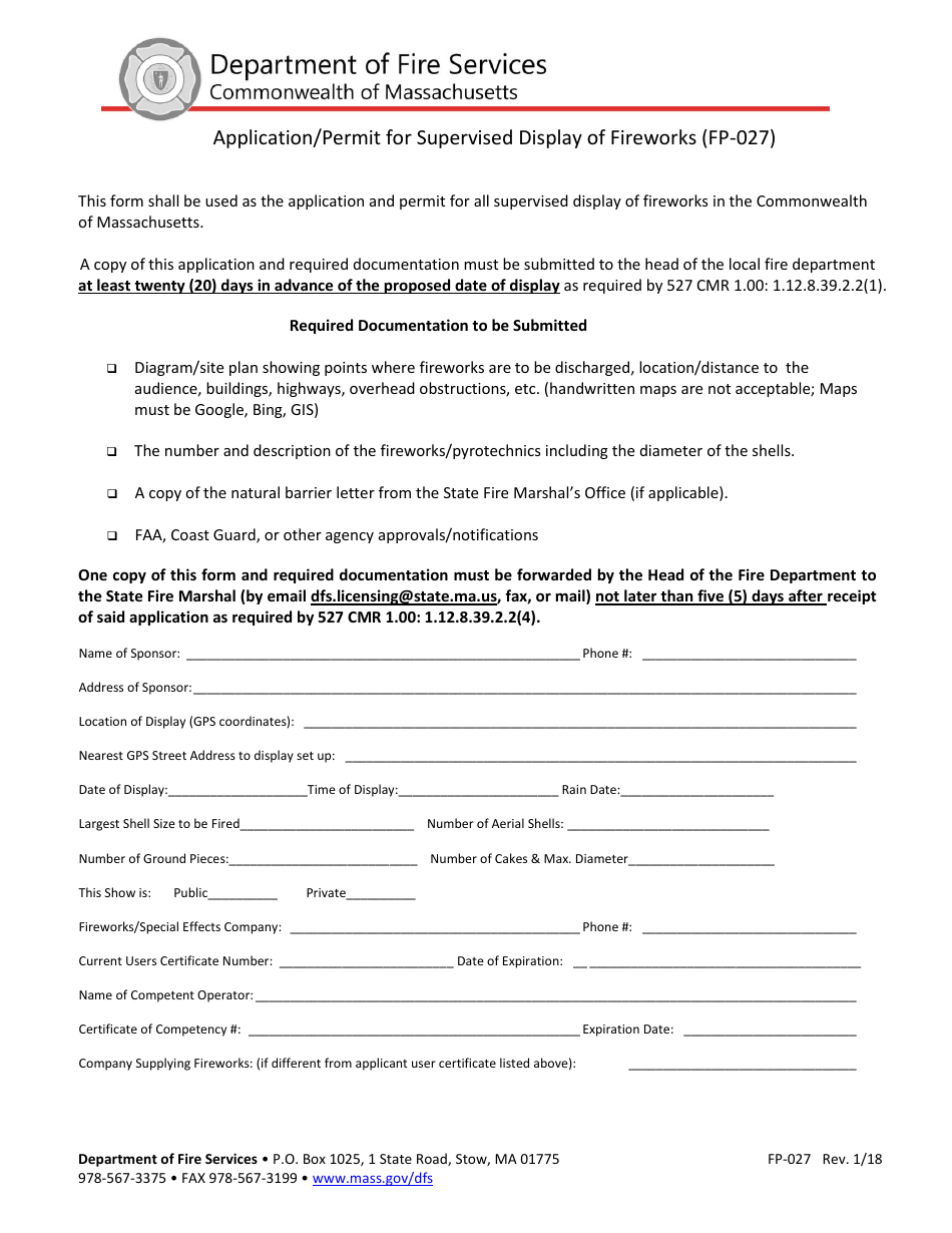 Form FP-027 Application / Permit for Supervised Display of Fireworks - Massachusetts, Page 1