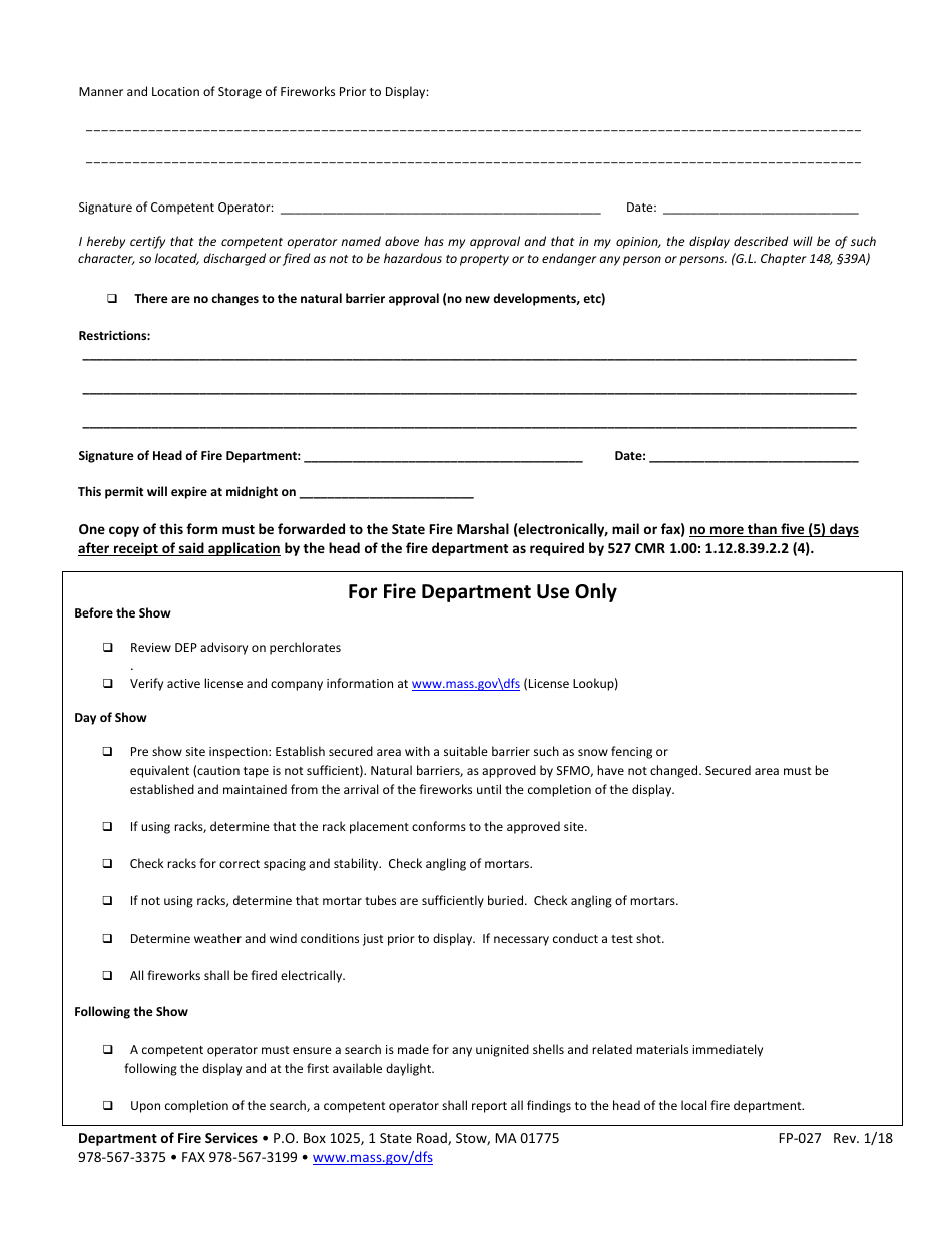 Form FP-027 Application / Permit for Supervised Display of Fireworks - Massachusetts, Page 2
