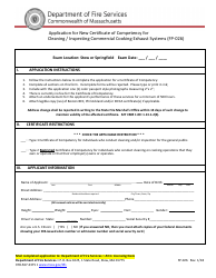 Form FP-026 Application for New Certificate of Competency for Cleaning / Inspecting Commercial Cooking Exhaust Systems - Massachusetts