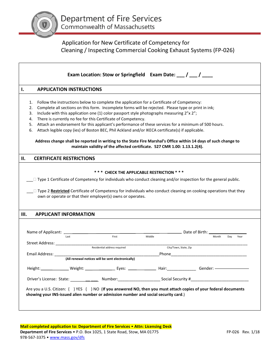 Form FP-026 Application for New Certificate of Competency for Cleaning / Inspecting Commercial Cooking Exhaust Systems - Massachusetts, Page 1