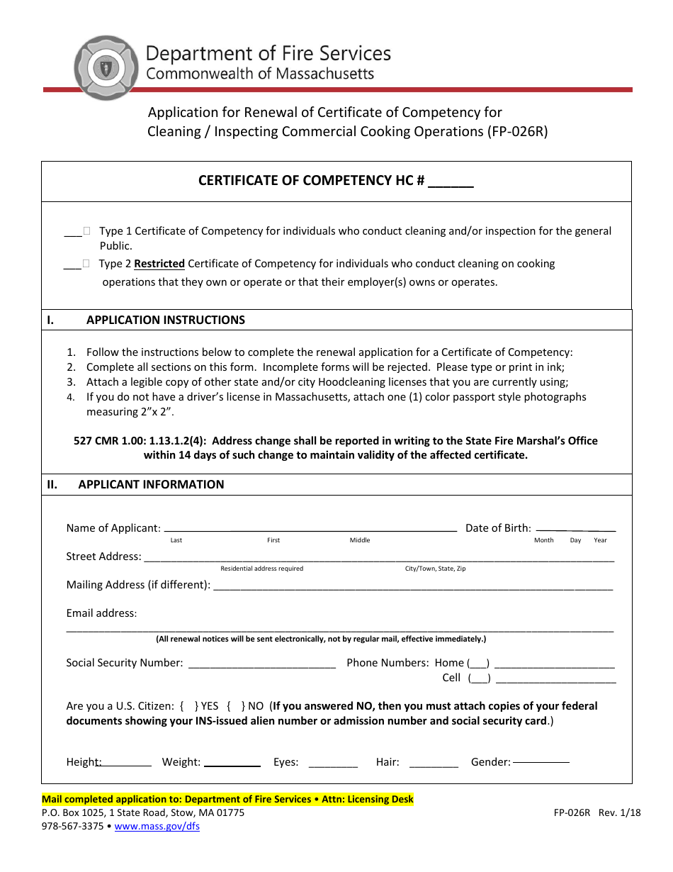 Form FP-026R Application for Renewal of Certificate of Competency for Cleaning / Inspecting Commercial Cooking Operations - Massachusetts, Page 1