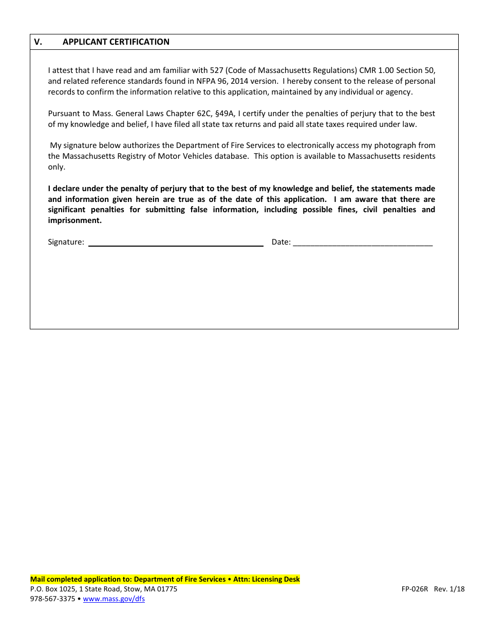 Form FP-026R Application for Renewal of Certificate of Competency for Cleaning / Inspecting Commercial Cooking Operations - Massachusetts, Page 3