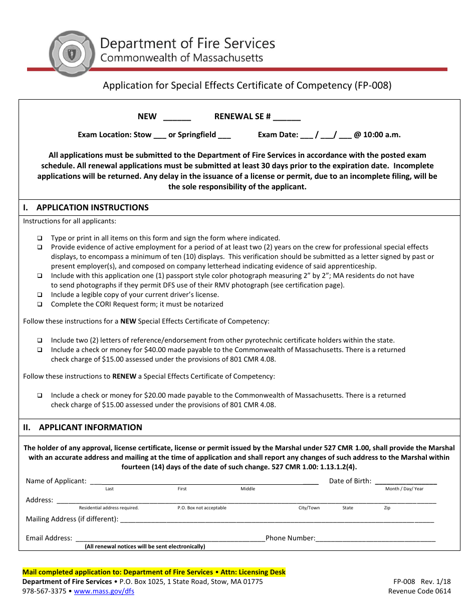 Form FP-008 Application for Special Effects Certificate of Competency - Massachusetts, Page 1