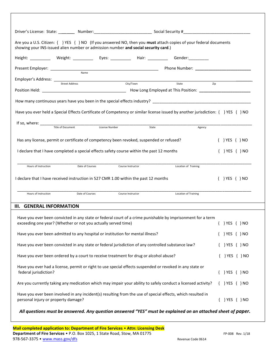 Form FP-008 Application for Special Effects Certificate of Competency - Massachusetts, Page 2
