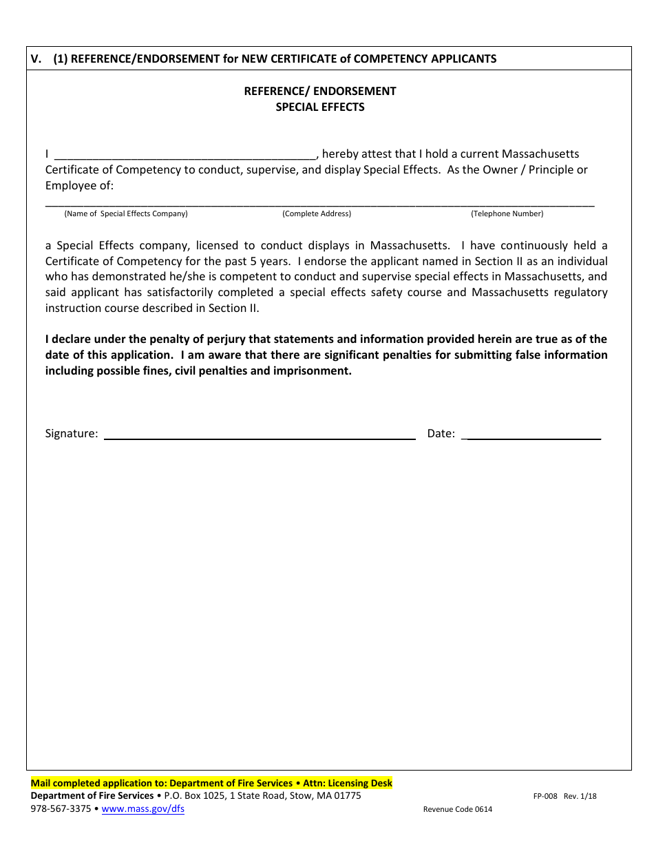 Form FP-008 Application for Special Effects Certificate of Competency - Massachusetts, Page 4