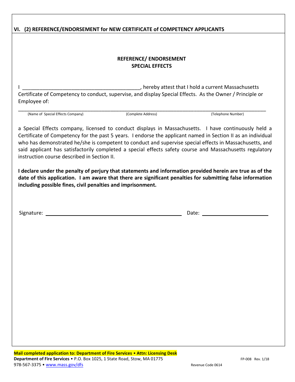 Form FP-008 Application for Special Effects Certificate of Competency - Massachusetts, Page 5