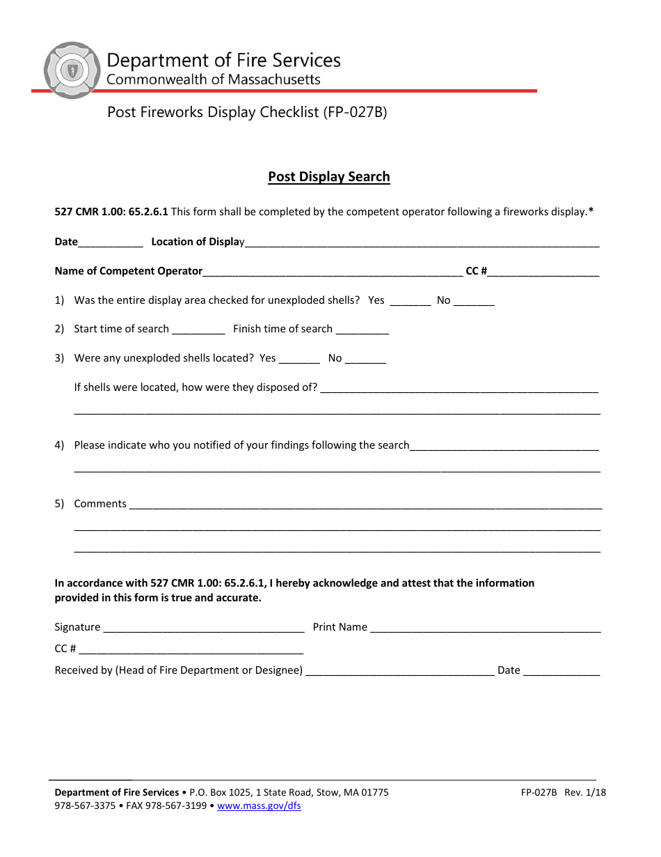 Form FP-027B Post Display Search - Massachusetts, Page 1