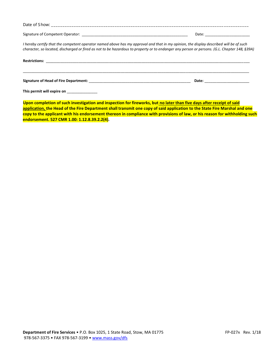 Form FP-027A Application / Permit for Special Effects - Massachusetts, Page 2