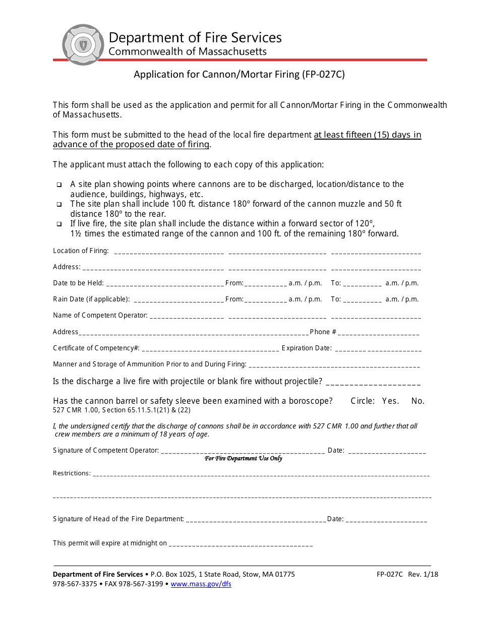 Form FP-027C Application for Cannon / Mortar Firing - Massachusetts, Page 1
