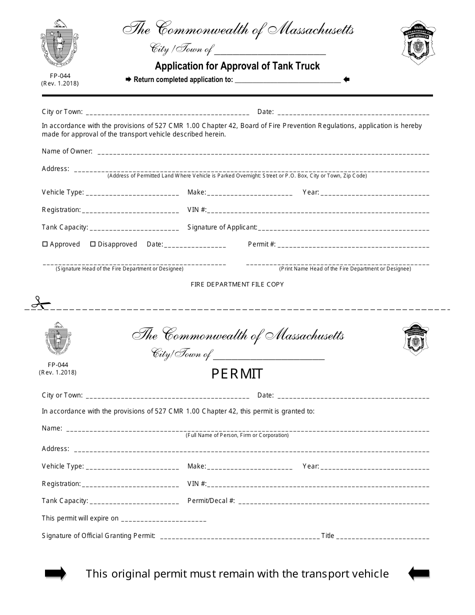 Form FP-044 Application for Approval of Tank Truck - Massachusetts, Page 1