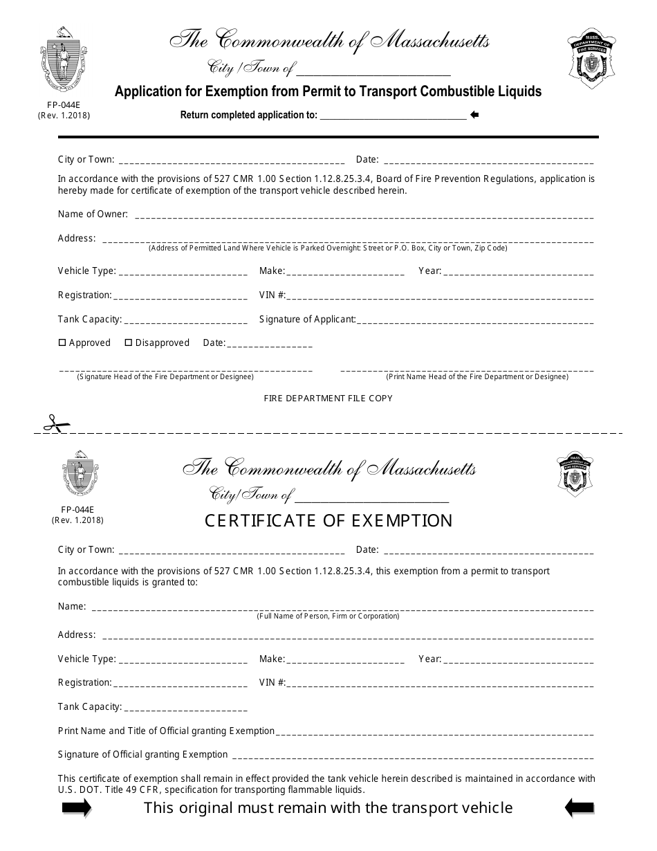 Form FP-044E Application for Exemption From Permit to Transport Combustible Liquids - Massachusetts, Page 1