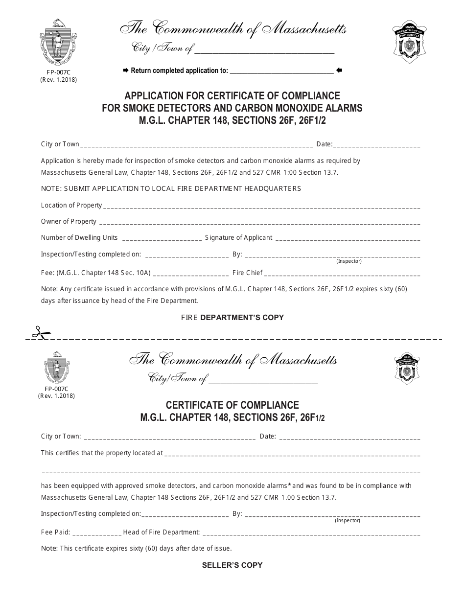 Form FP-007C Application for Certificate of Compliance for Smoke Detectors and Carbon Monoxide Alarms - Massachusetts, Page 1