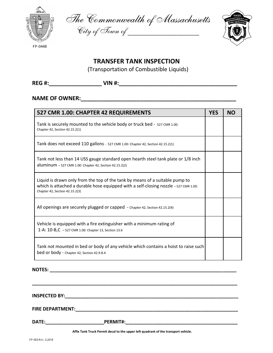 Form FP-044B Transfer Tank Inspection - Massachusetts, Page 1
