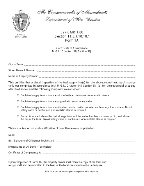 Form FP-056A Certificate of Compliance - Oil Line Upgrades - Massachusetts