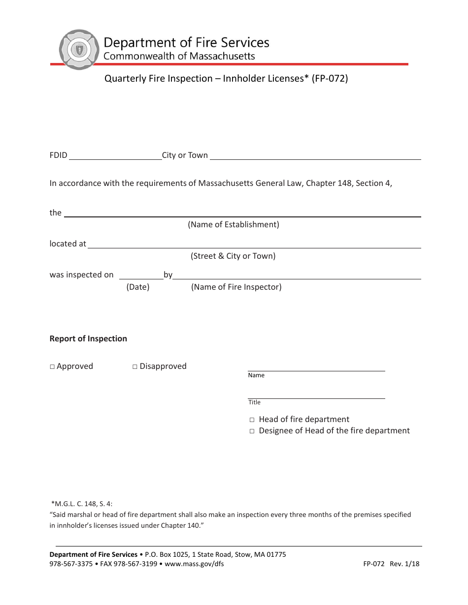 Form FP-072 Quarterly Fire Inspection - Innholder Licenses - Massachusetts, Page 1