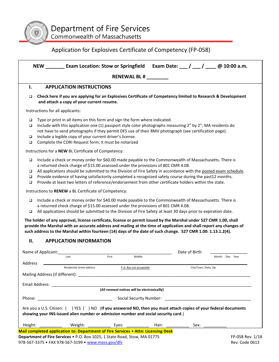 Form FP-058 Application for Explosives Certificate of Competency - Massachusetts, Page 1