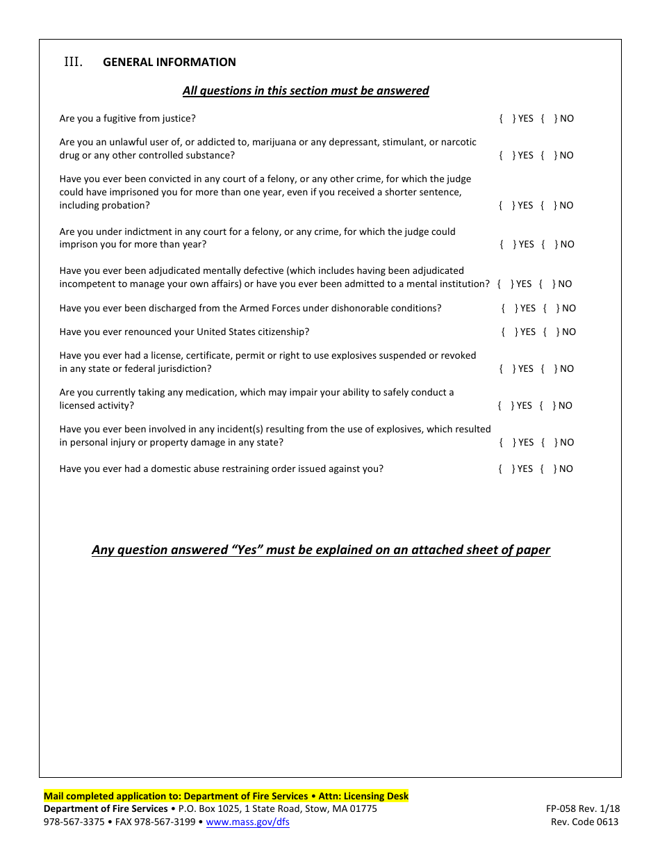 Form FP-058 Application for Explosives Certificate of Competency - Massachusetts, Page 2
