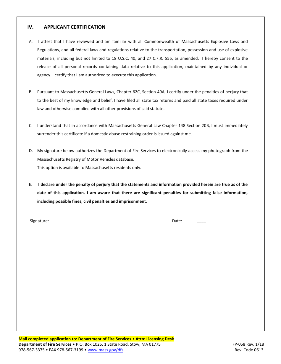 Form FP-058 Application for Explosives Certificate of Competency - Massachusetts, Page 3