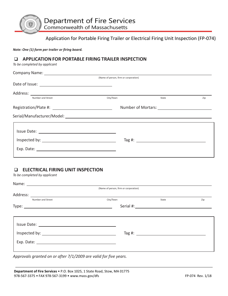 Form FP-074 Application for Portable Firing Trailer or Electrical Firing Unit Inspection - Massachusetts, Page 1