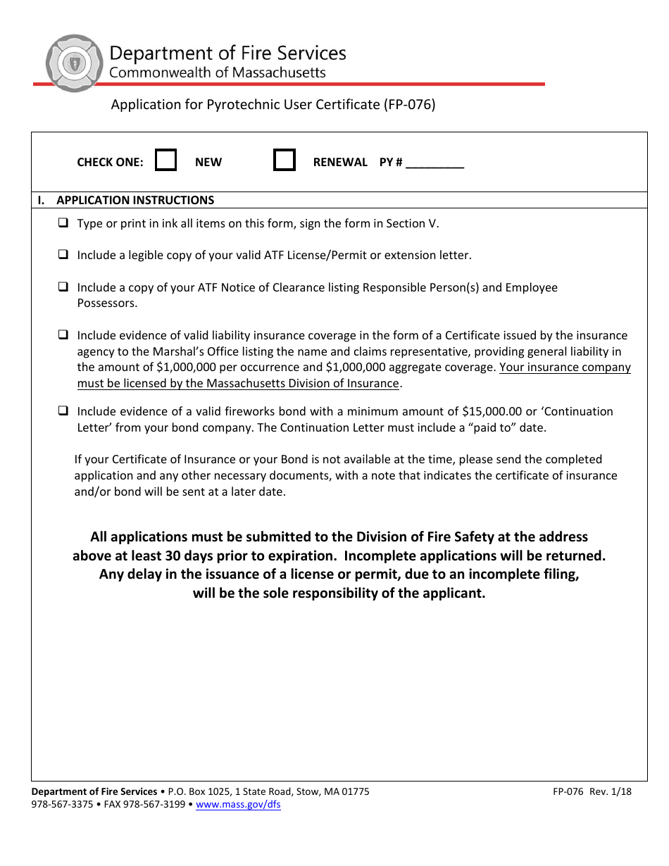 Form FP-076 Application for Pyrotechnic User Certificate - Massachusetts, Page 1