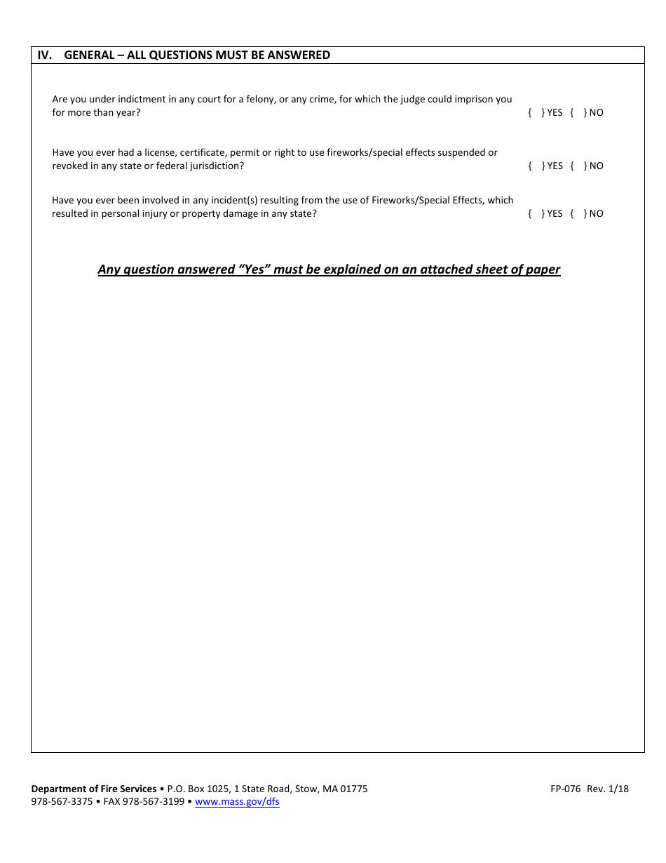 Form FP-076 Application for Pyrotechnic User Certificate - Massachusetts, Page 3