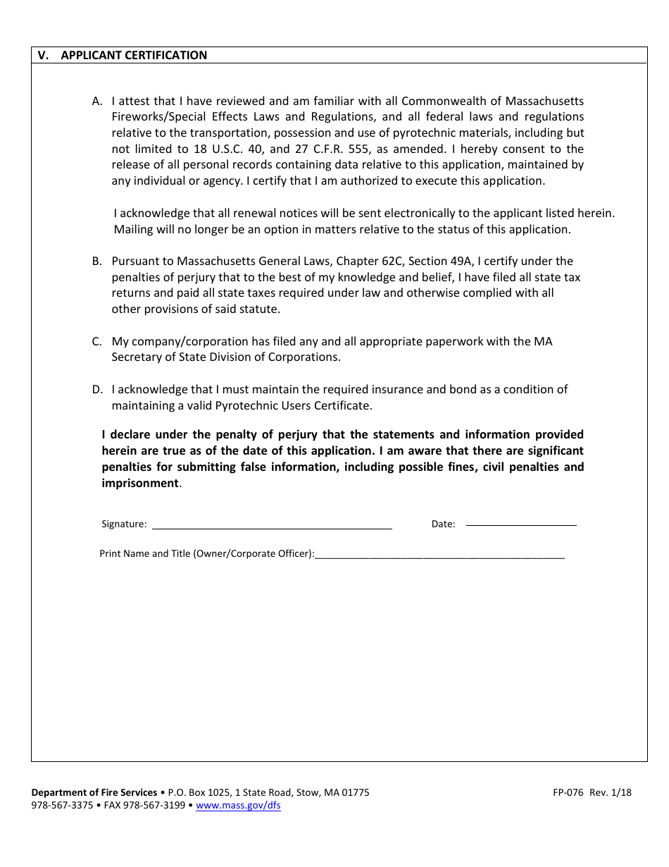 Form FP-076 Application for Pyrotechnic User Certificate - Massachusetts, Page 4