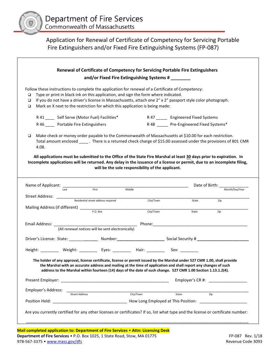 Form FP-087 Application for Renewal of Certificate of Competency for Servicing Portable Fire Extinguishers and / or Fixed Fire Extinguishing Systems - Massachusetts, Page 1