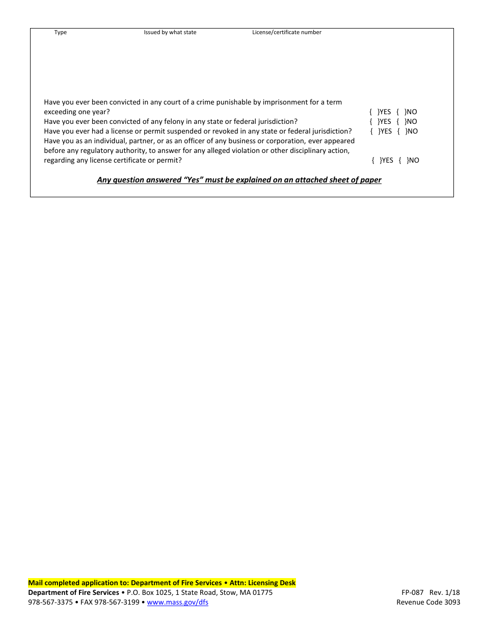Form FP-087 Application for Renewal of Certificate of Competency for Servicing Portable Fire Extinguishers and / or Fixed Fire Extinguishing Systems - Massachusetts, Page 2