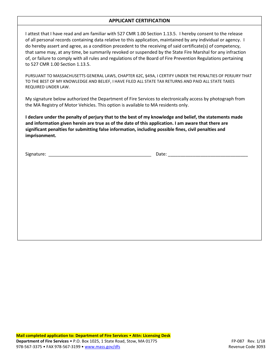 Form FP-087 Application for Renewal of Certificate of Competency for Servicing Portable Fire Extinguishers and / or Fixed Fire Extinguishing Systems - Massachusetts, Page 3