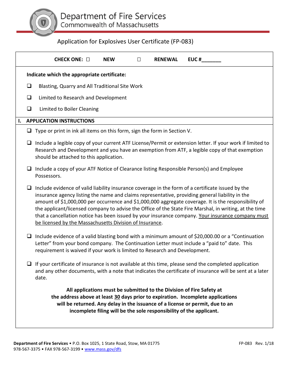 Form FP-083 Application for Explosives User Certificate - Massachusetts, Page 1