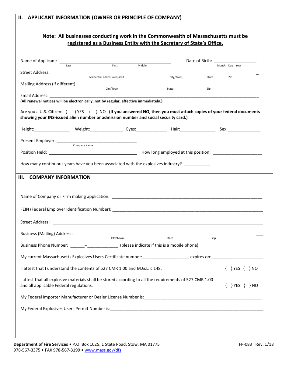 Form FP-083 Application for Explosives User Certificate - Massachusetts, Page 2