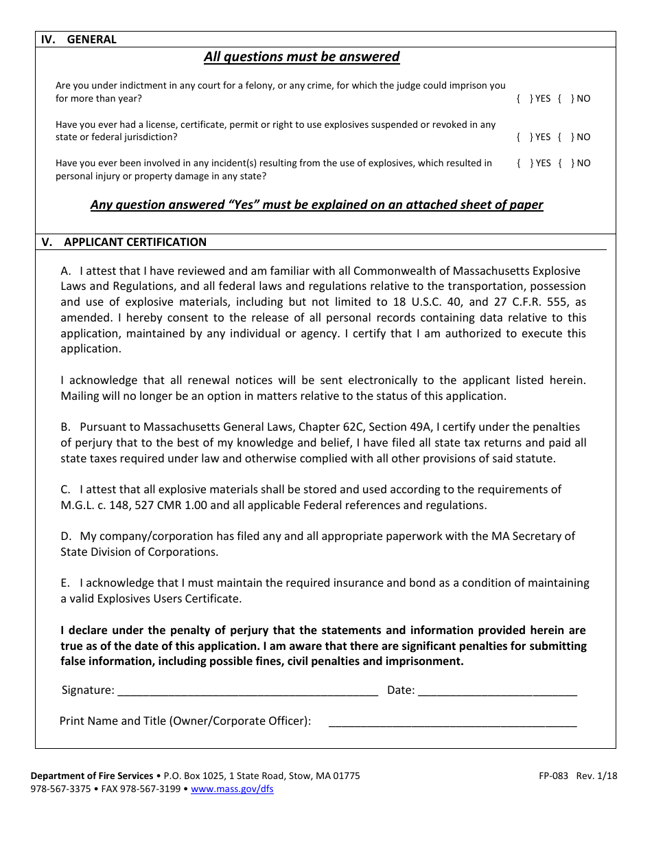 Form FP-083 Application for Explosives User Certificate - Massachusetts, Page 3