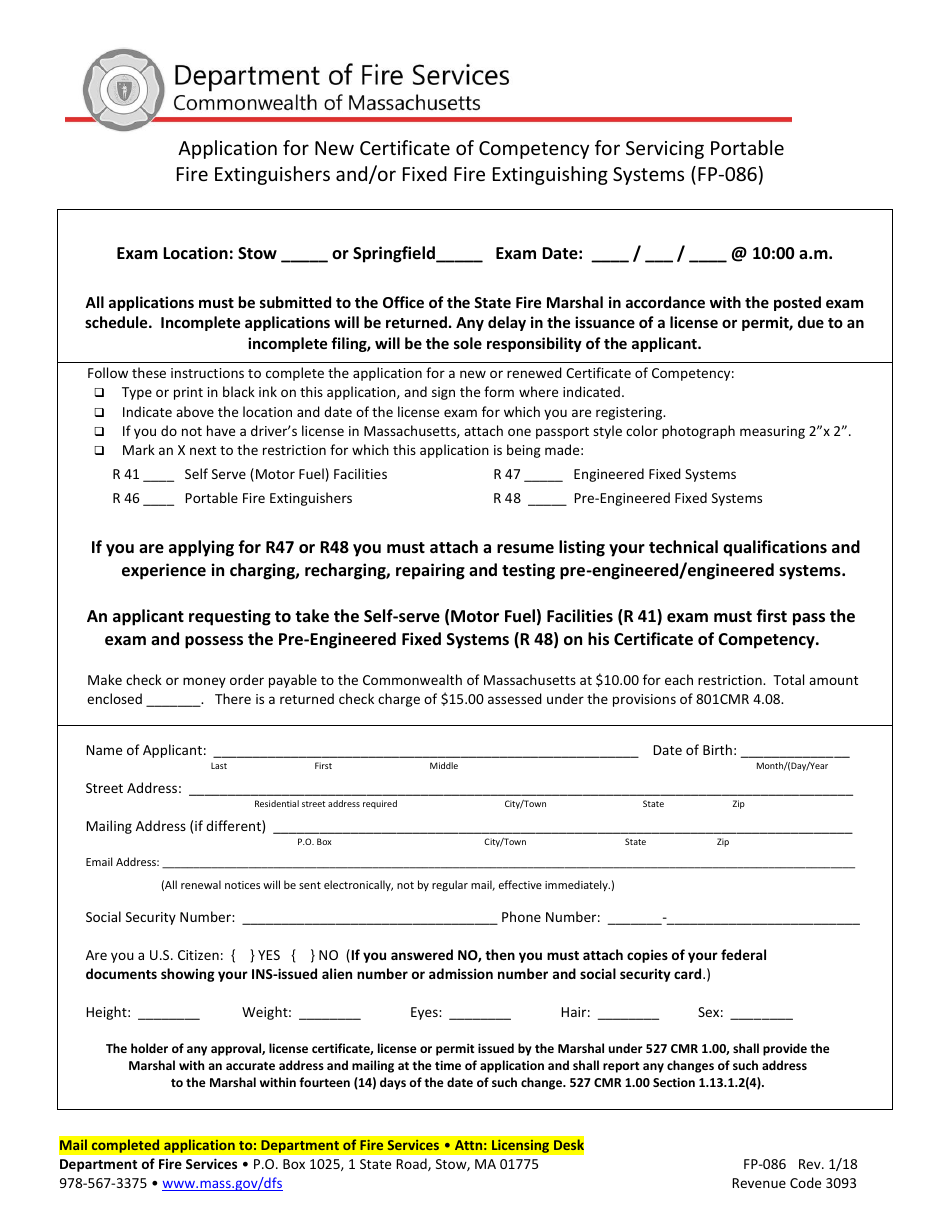 Form FP-086 Application for New Certificate of Competency for Servicing Portable Fire Extinguishers and / or Fixed Fire Extinguishing Systems - Massachusetts, Page 1