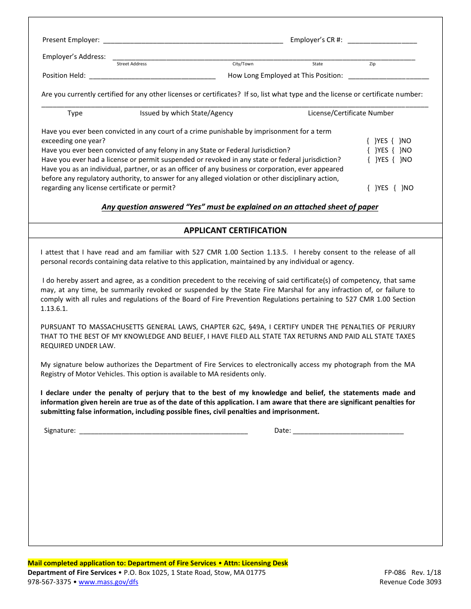 Form FP-086 Application for New Certificate of Competency for Servicing Portable Fire Extinguishers and / or Fixed Fire Extinguishing Systems - Massachusetts, Page 2