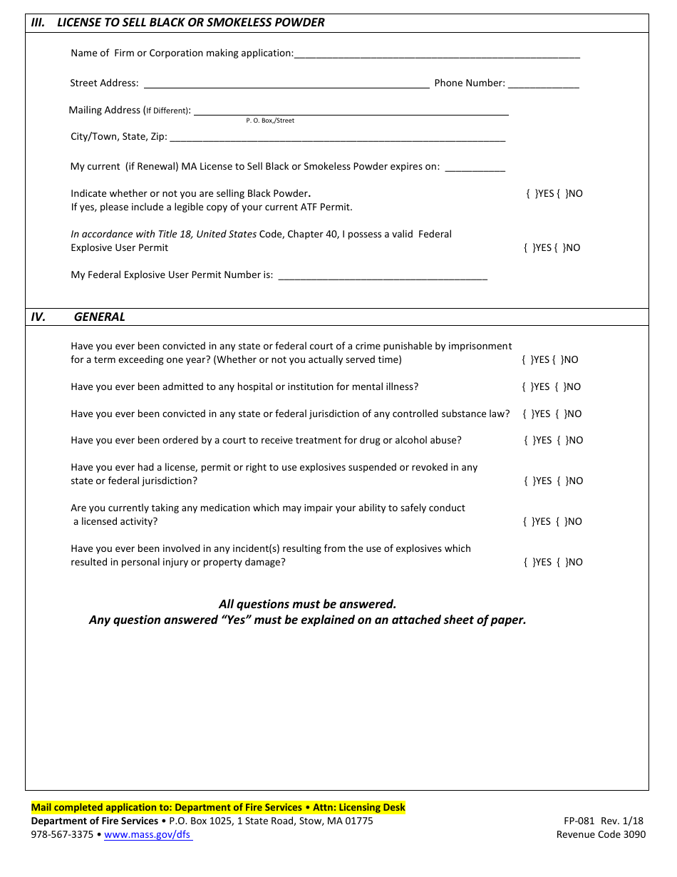 Form FP-081 Application for License to Sell Black or Smokeless Powder - Massachusetts, Page 2