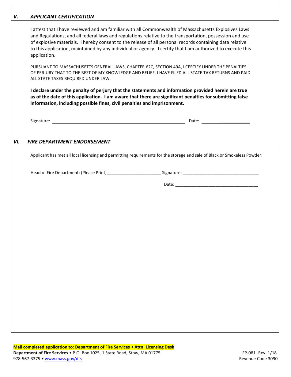 Form FP-081 Application for License to Sell Black or Smokeless Powder - Massachusetts, Page 3