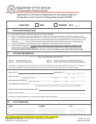 Form FP-085 Application for Certificate of Registration for Servicing Portable Fire Extinguishers and/or Fixed Fire Extinguishing Systems - Massachusetts