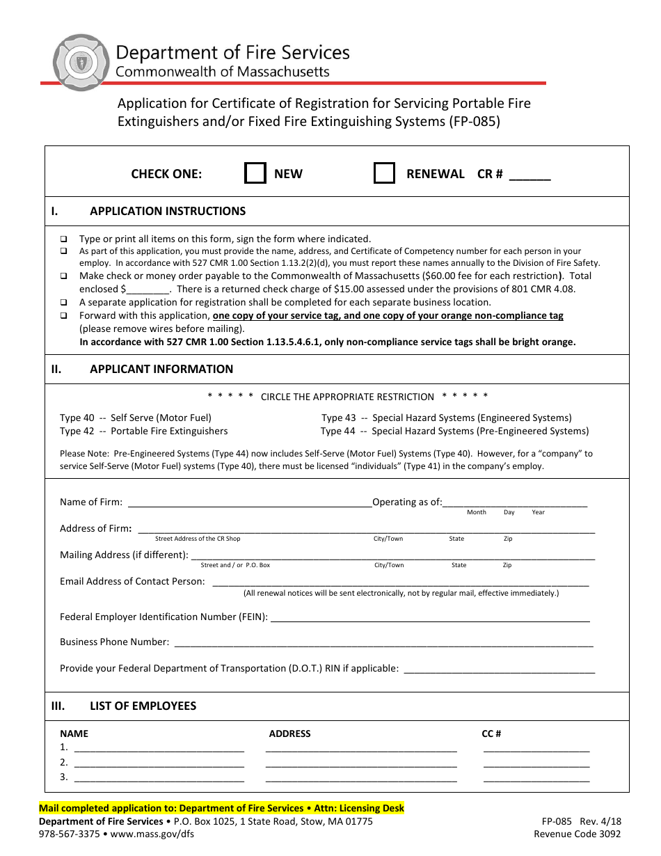 Form FP-085 Application for Certificate of Registration for Servicing Portable Fire Extinguishers and / or Fixed Fire Extinguishing Systems - Massachusetts, Page 1