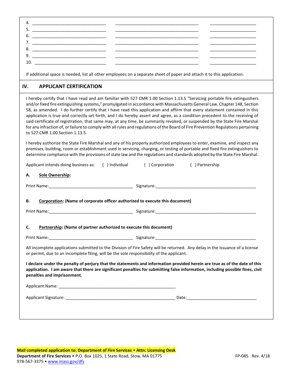 Form FP-085 Application for Certificate of Registration for Servicing Portable Fire Extinguishers and / or Fixed Fire Extinguishing Systems - Massachusetts, Page 2