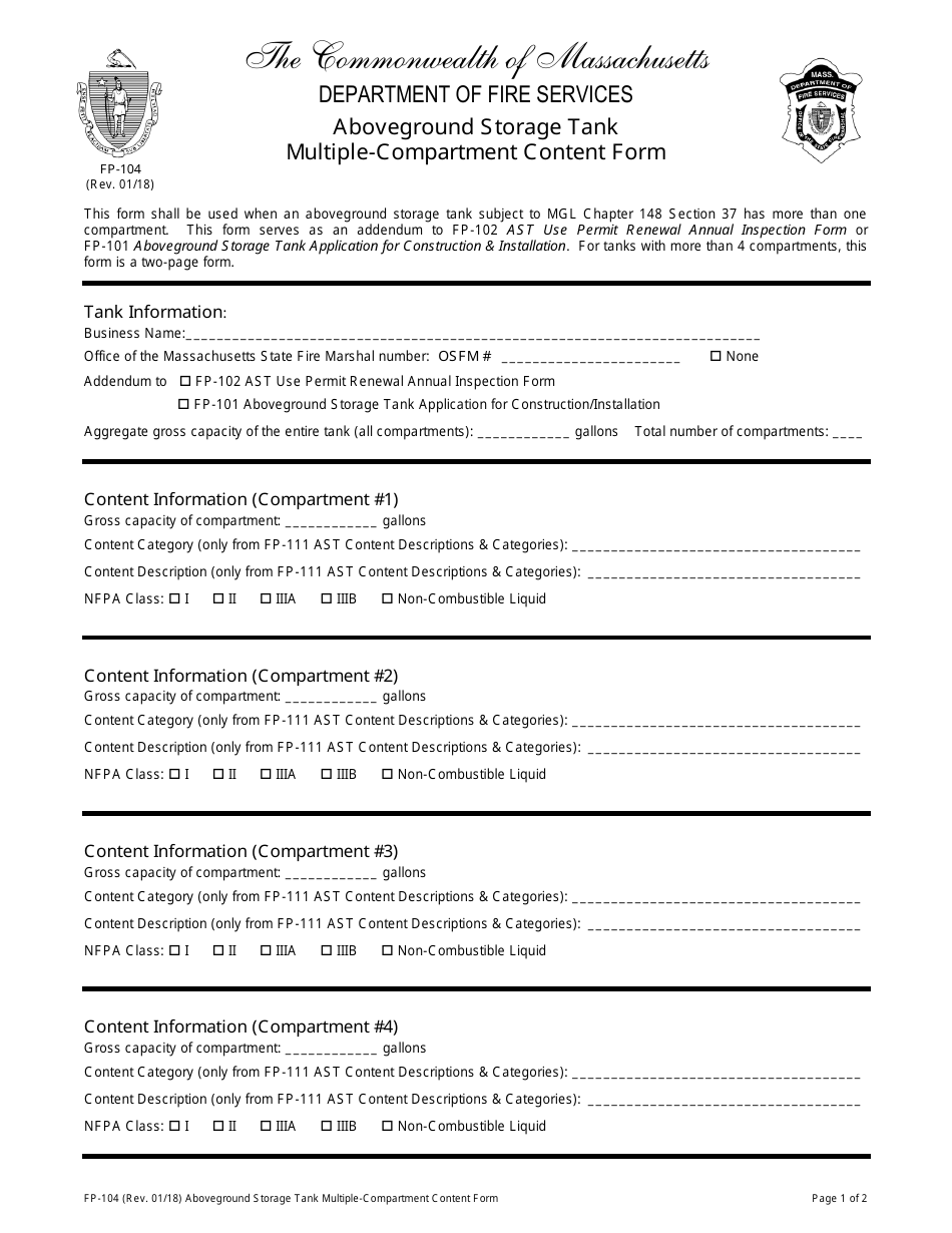 Form FP-104 Aboveground Storage Tank Multiple-Compartment Content Form - Massachusetts, Page 1